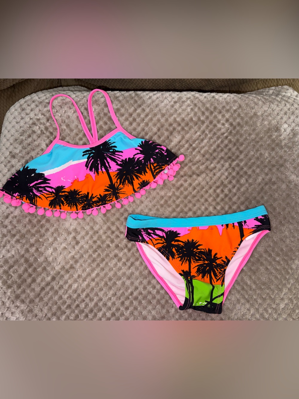Big Chill Girls' Palm Print Bikini - Pink, Orange & Turquoise